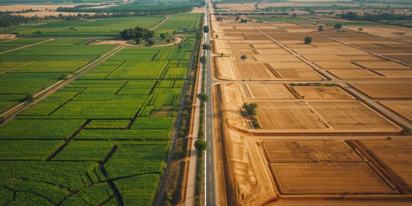 aerial view of a rural boundary where green cultivated fields end and a newly graded plotted development with laid out grid roads and marked empty plots begins