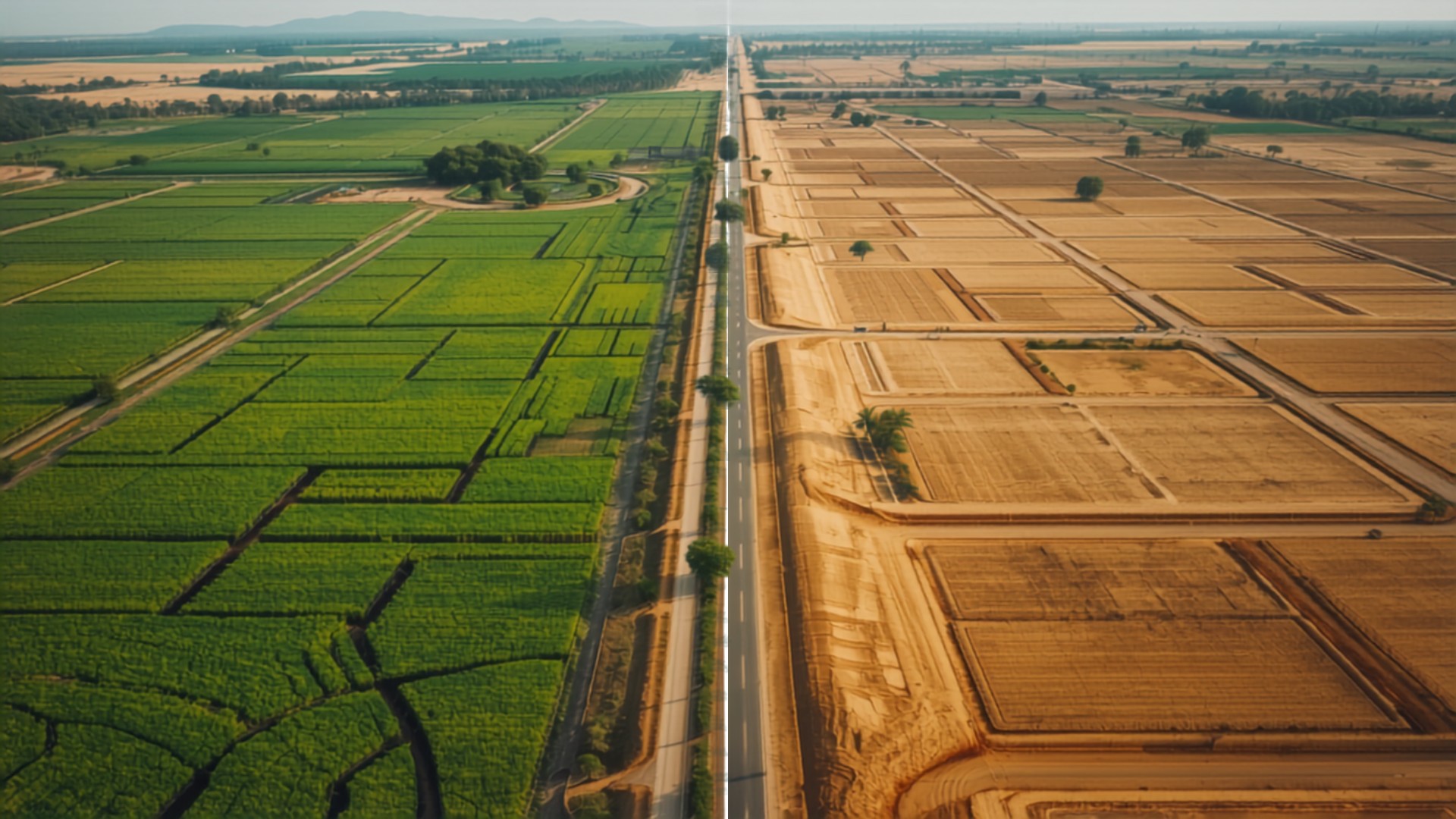 Aerial view of farmland meeting the boundary of an early-stage plotted development in Maharashtra