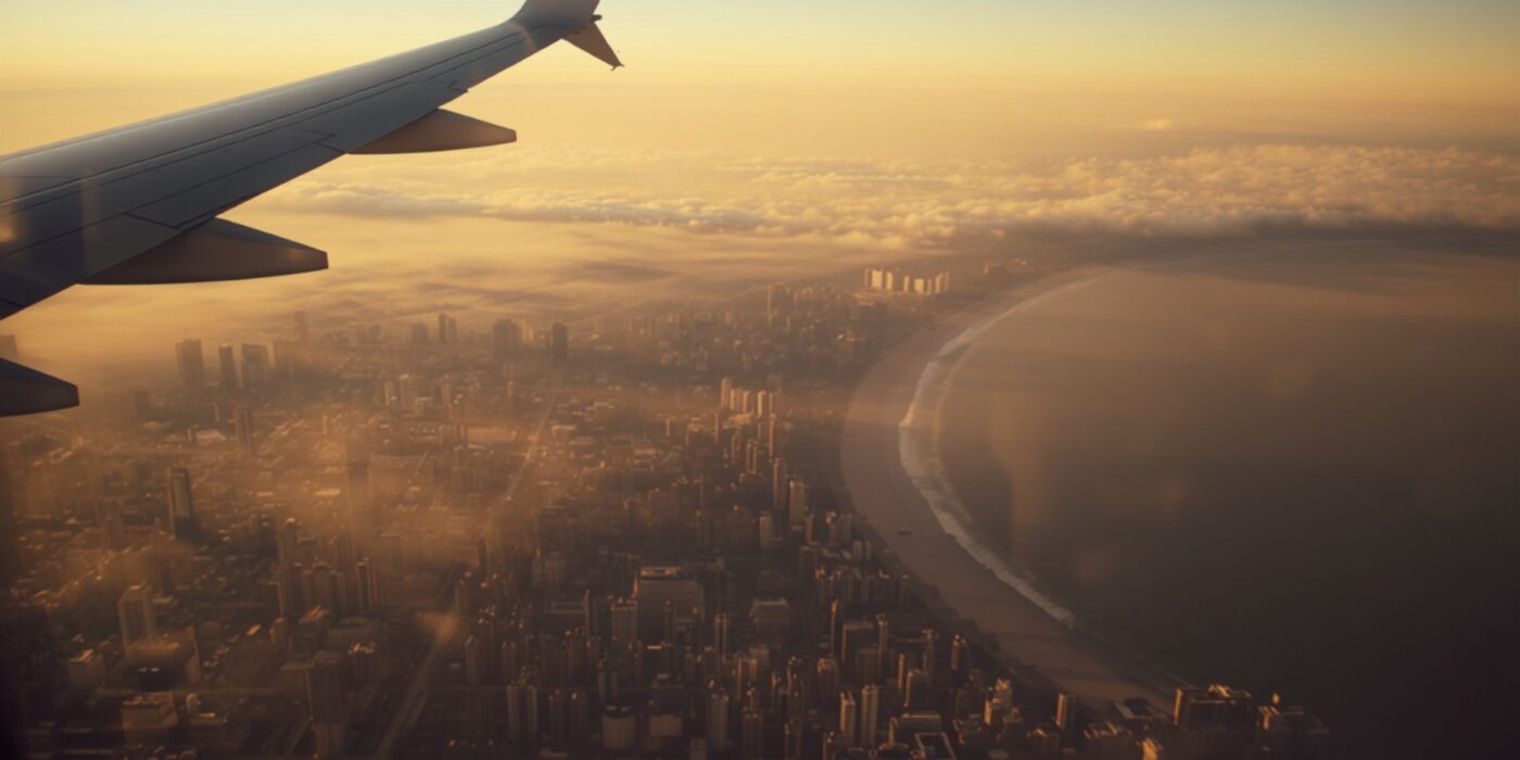aerial view of an indian coastal city skyline at golden hour seen past the silhouetted wing of an airliner
