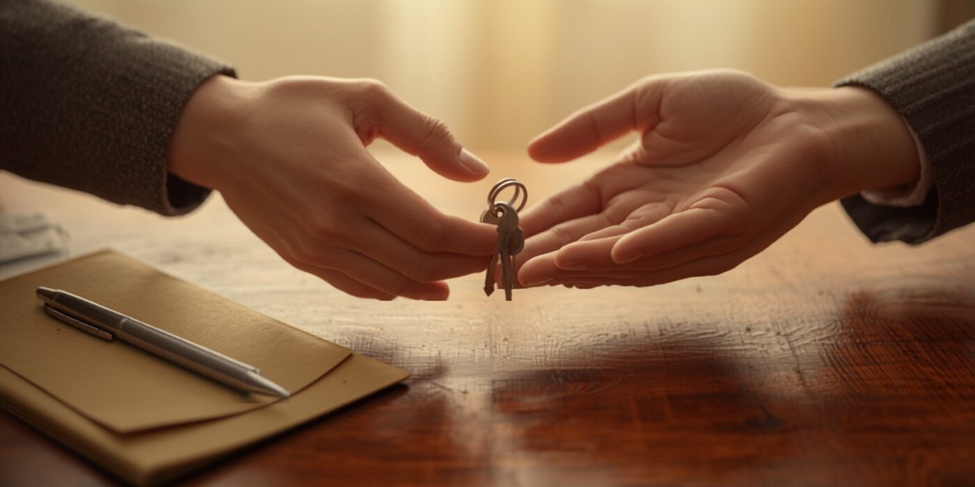 two pairs of hands passing a set of house keys across a wooden table beside a closed document folder and a pen in warm natural light