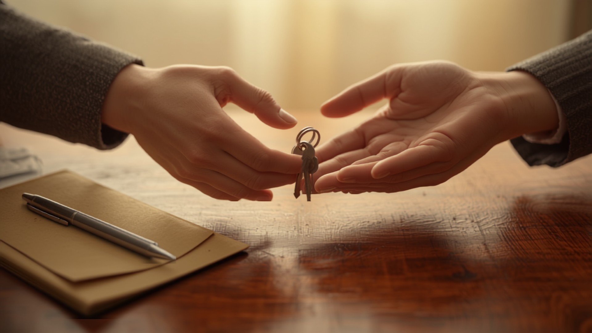 Two people exchanging house keys over a wooden desk with a document folder and pen