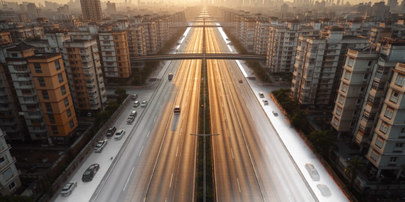 elevated aerial view of a widened city road where buildings step back from the new road alignment in warm evening light