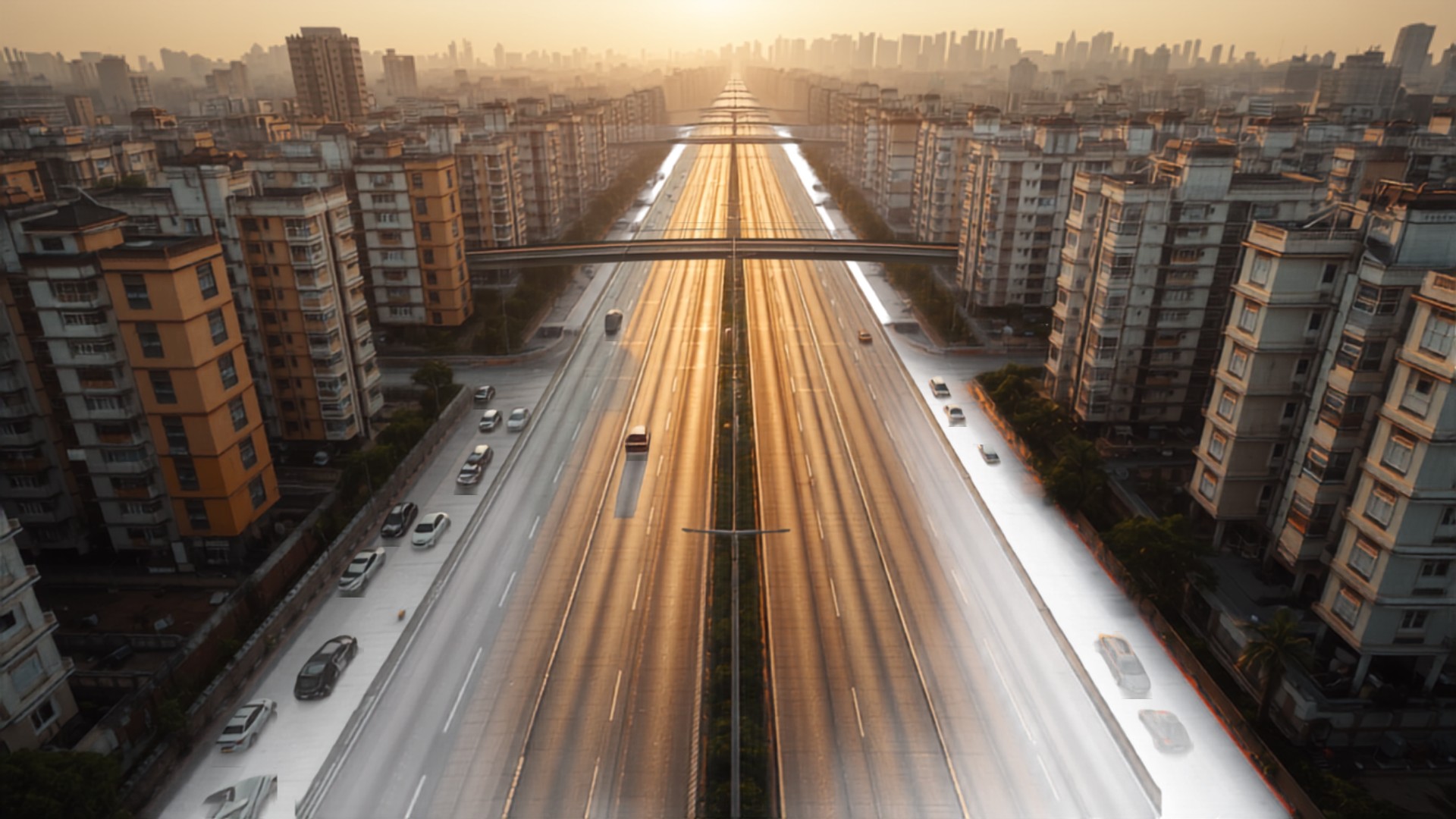 Aerial view of a widened urban road with mid-rise buildings set back along a Maharashtra corridor