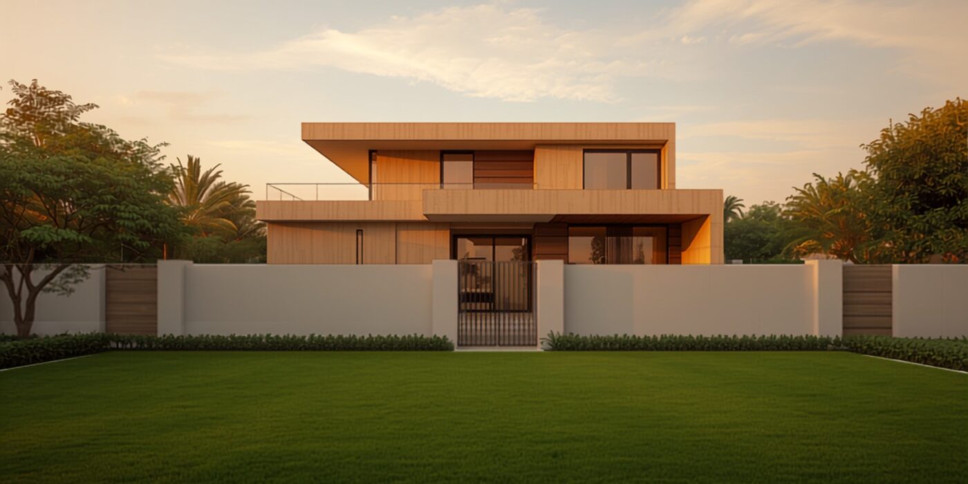 a modern two storey villa with timber clad facade on a plotted residential development seen from outside a low white compound wall with a metal gate and a manicured green lawn in warm golden hour light