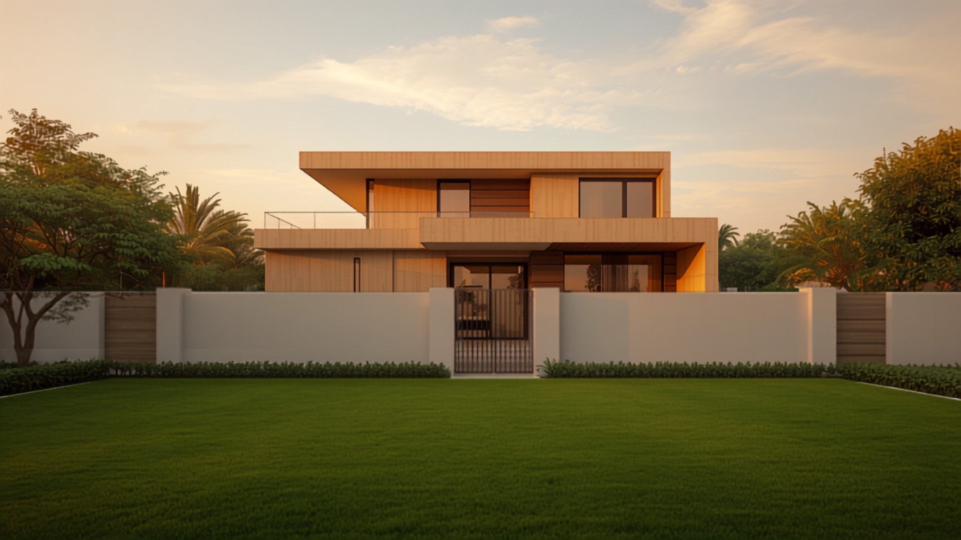 Modern villa on a plotted residential development with a landscaped lawn at golden hour in Maharashtra