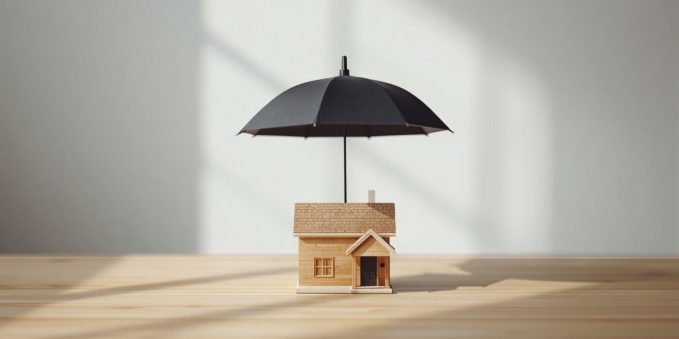 an open umbrella held protectively above a small architectural model of a house resting on a wooden desk in soft natural light