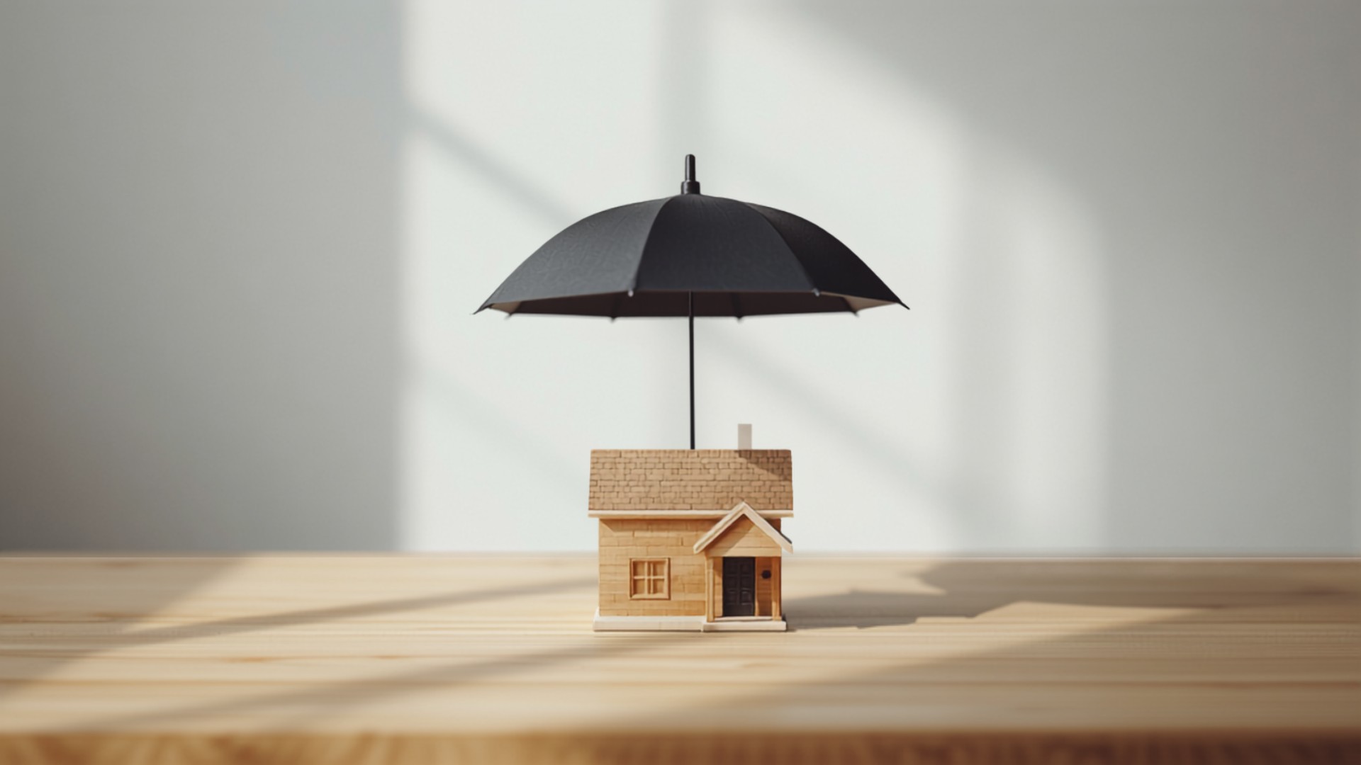 An open umbrella held protectively above a small architectural model of a house resting on a wooden desk in soft natural light.