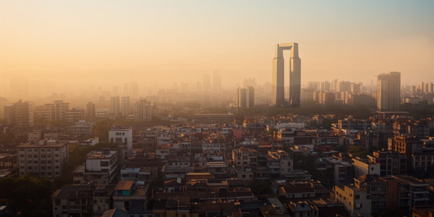 wide hazy aerial view of the mumbai skyline at golden hour dense older low rise buildings in the foreground with modern high rise towers on the horizon