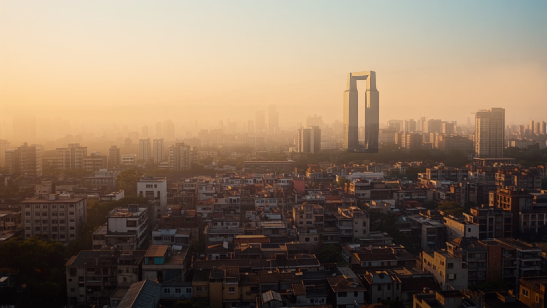 Wide hazy aerial view of the Mumbai skyline at golden hour, dense older low-rise buildings in the foreground with modern high-rise towers on the horizon