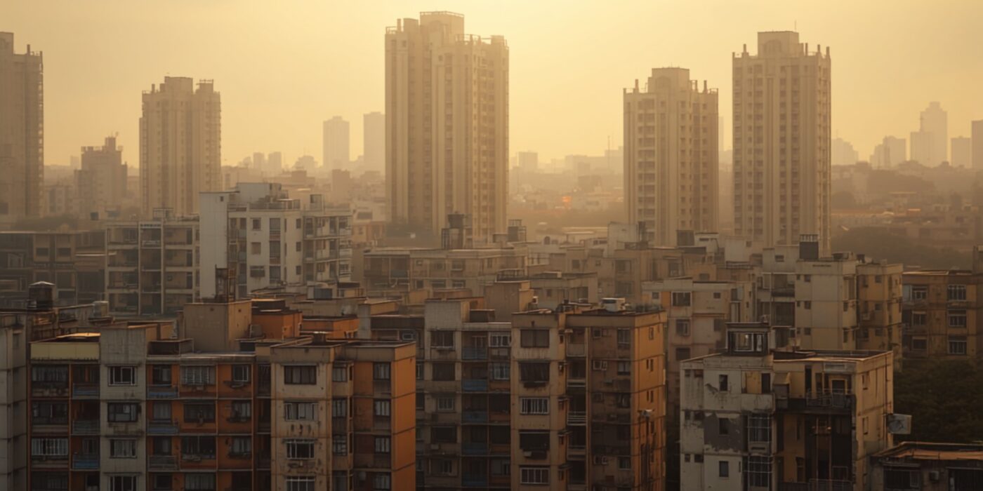 Mumbai skyline showing weathered mid-century low-rise apartment blocks in the foreground with modern glass towers rising behind them.