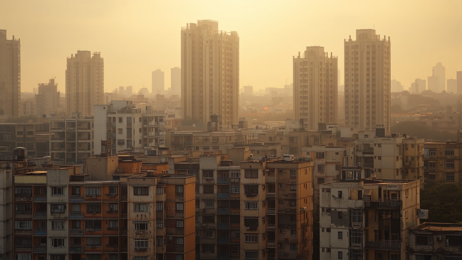Mumbai skyline showing weathered mid-century low-rise apartment blocks in the foreground with modern glass towers rising behind them.
